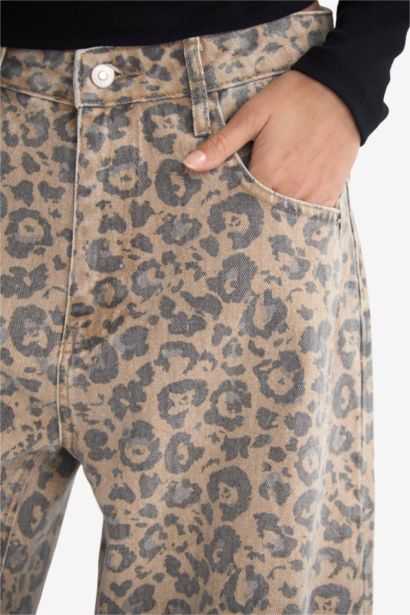 %100 Pamuk Baggy Fıt Leopar Desenli Normal Bel Gabardin Pantolon