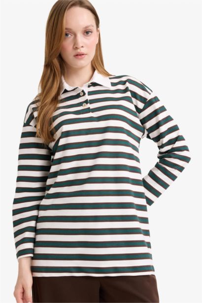 Regular Fit Polo Collar Patterned Thin Fabric Sweatshirt Tunic