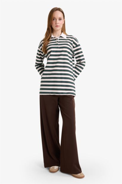 Regular Fit Polo Collar Patterned Thin Fabric Sweatshirt Tunic