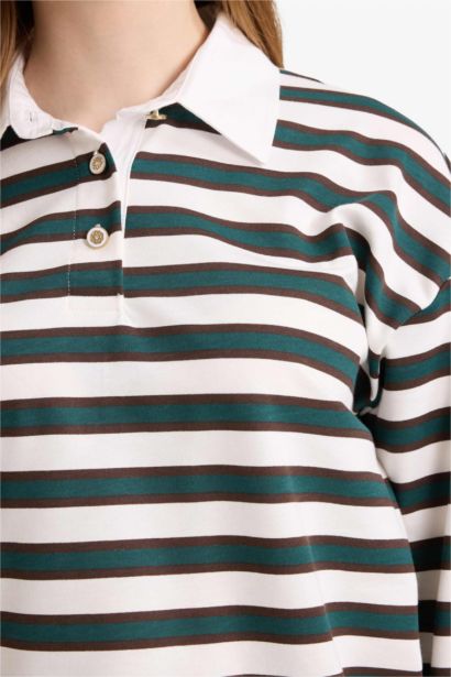 Regular Fit Polo Collar Patterned Thin Fabric Sweatshirt Tunic