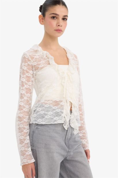 Blouse en dentelle à col en V et manches longues Coupe ajustée