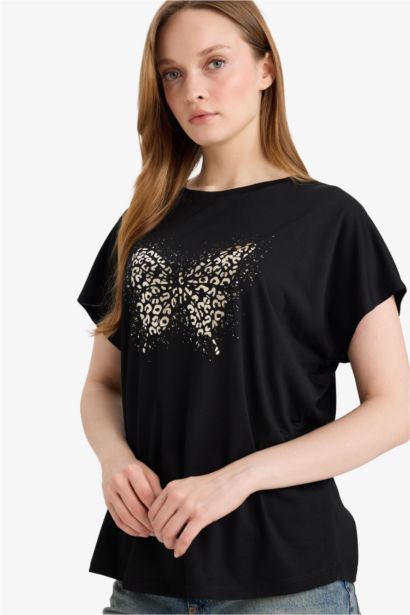 Crew Neck Butterfly Pattern Short Sleeve T-Shirt