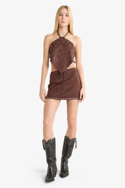 Fitted Halter Neck Suede Blouse