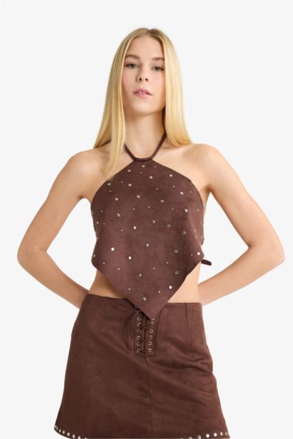 Fitted Halter Neck Suede Blouse