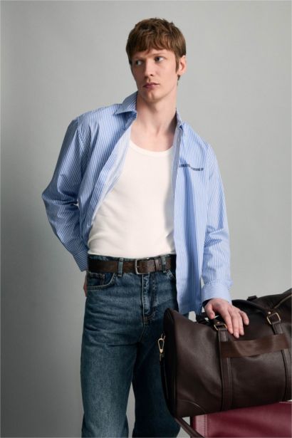 Boxy Fit Printed Striped Woven Long Sleeve Shirt