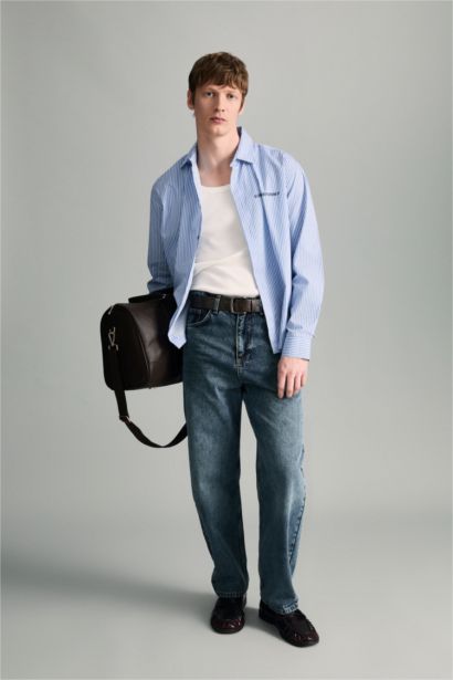 Boxy Fit Printed Striped Woven Long Sleeve Shirt