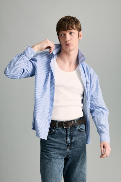 Boxy Fit Printed Striped Woven Long Sleeve Shirt