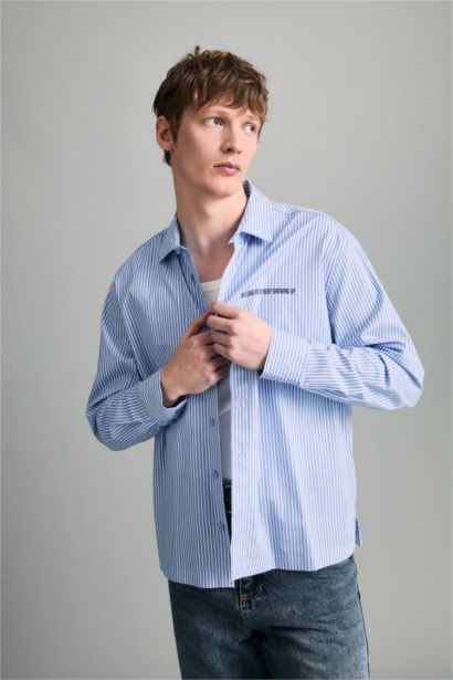 Boxy Fit Printed Striped Woven Long Sleeve Shirt