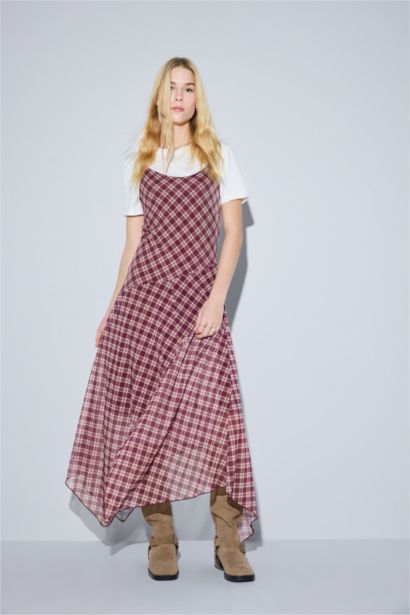 V-Neck Plaid Tulle Midi Dress