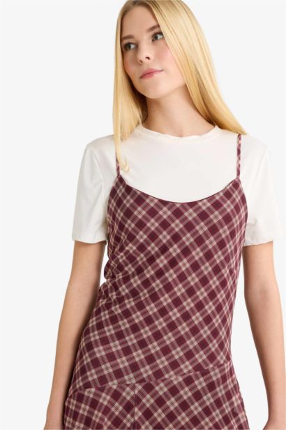 V-Neck Plaid Tulle Midi Dress