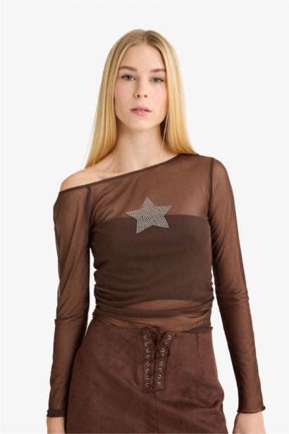 Fitted Crew Neck One Shoulder Tulle T-Shirt