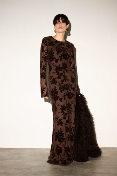 Skinny Fit Floral Patterned Tulle Maxi Dress