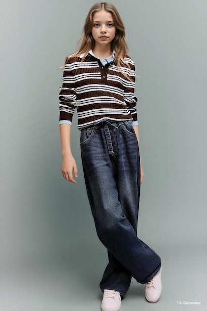 Girl Wide Baggy Fit Elastic Waist Jeans