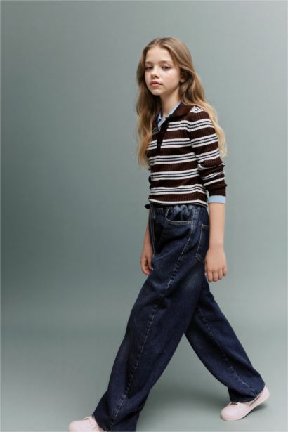 Girl Wide Baggy Fit Elastic Waist Jeans