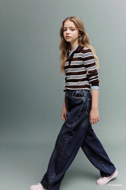 Girl Wide Baggy Fit Elastic Waist Jeans