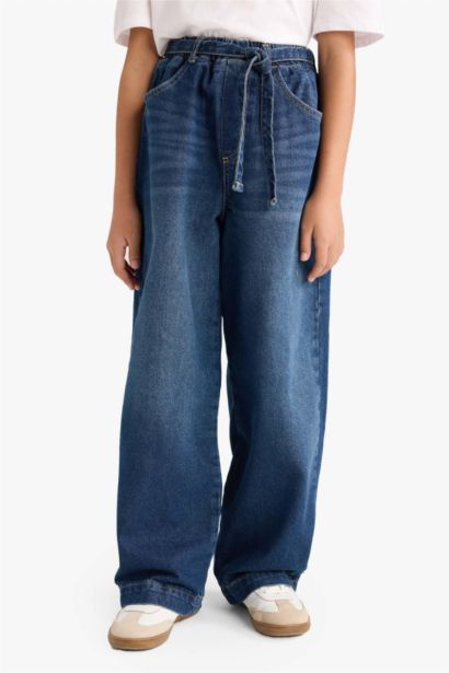 Girl Wide Baggy Fit Elastic Waist Jeans