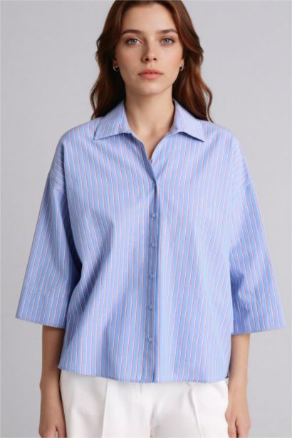 قميص كم طويل بوبلين قصة مريحة