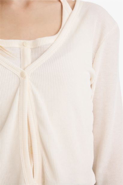 Ribbed Long Sleeve Halter Neck T-shirt