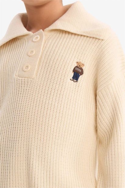 Polo Yaka Nakışlı Triko Kazak Kız Çocuk