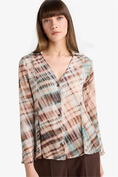 Slim Fit V-Neck Chiffon Plaid Long Sleeve Shirt