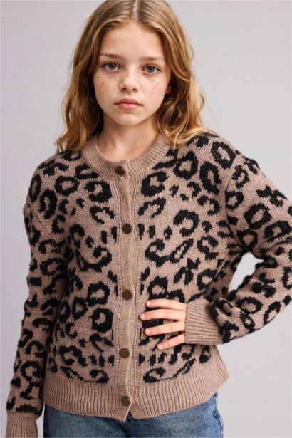 Leopar Desenli Düğmeli Hırka Kız Çocuk