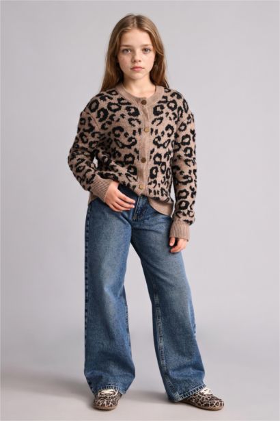 Leopar Desenli Düğmeli Hırka Kız Çocuk