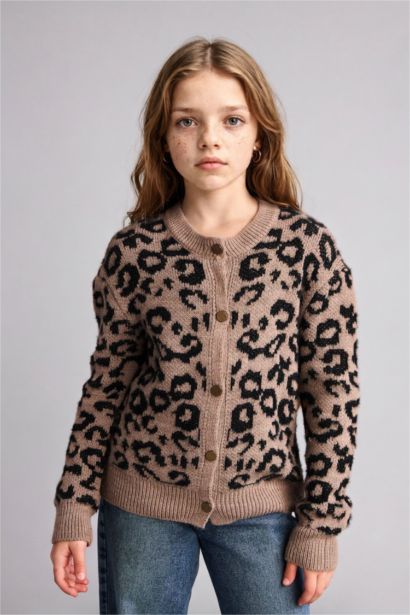 Leopar Desenli Düğmeli Hırka Kız Çocuk