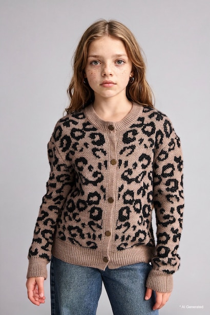 Leopar Desenli Düğmeli Hırka Kız Çocuk