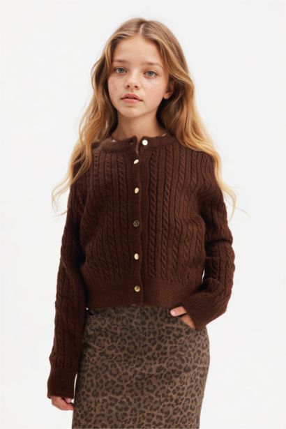 Bisiklet Yaka Düğmeli Triko Hırka Kız Çocuk