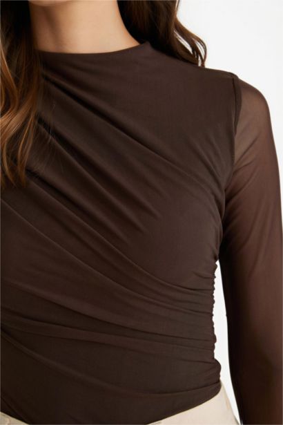 Slim Fit Dar Kesim Tül Uzun Kollu Çıtçıtlı Body