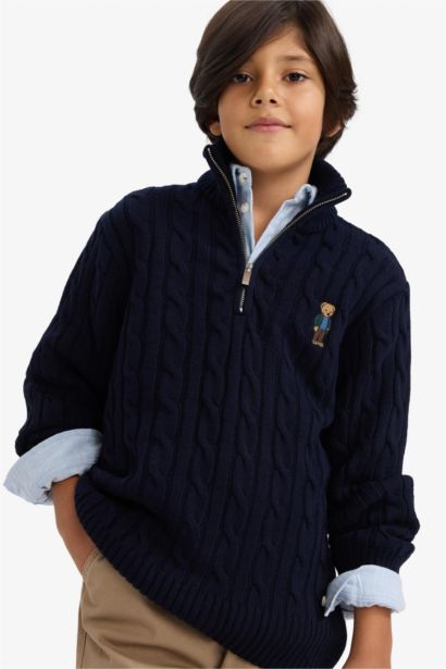 Boy Half Zippered Bear Printed Knit Pullover