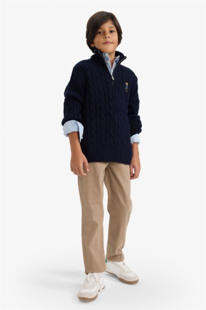 Boy Half Zippered Bear Printed Knit Pullover