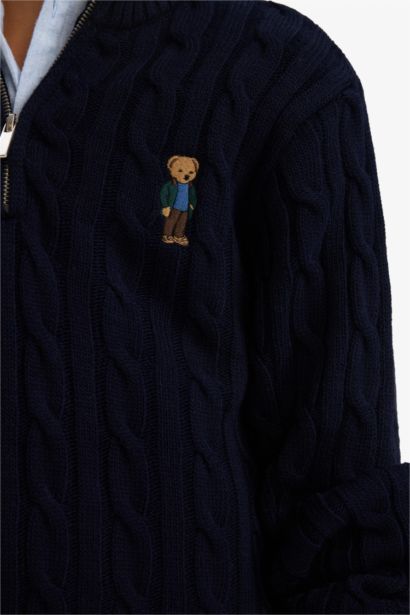Boy Half Zippered Bear Printed Knit Pullover
