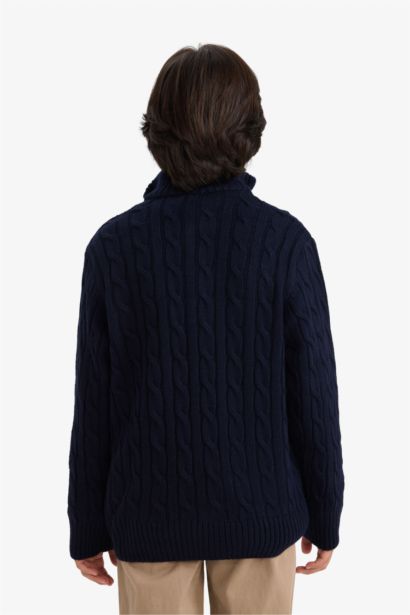 Boy Half Zippered Bear Printed Knit Pullover