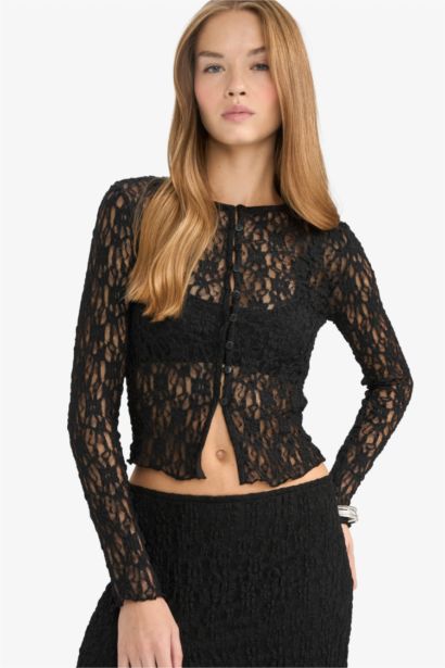 Slim Fit Crew Neck Lace Cardigan