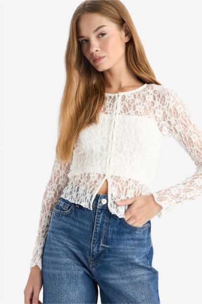 Slim Fit Crew Neck Lace Cardigan