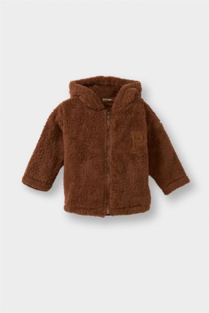 Baby Boy Embroidered Hooded Zippered Plush Jacket