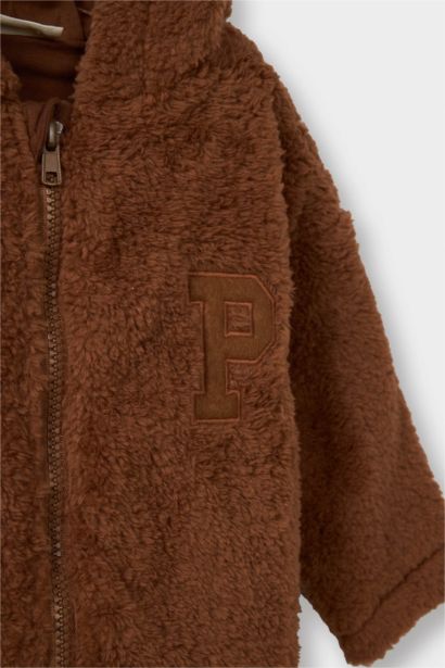 Baby Boy Embroidered Hooded Zippered Plush Jacket