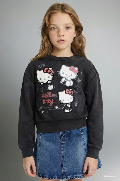 Hello Kitty Overshirt Fit Bisiklet Yaka Sweatshirt Kız Çocuk