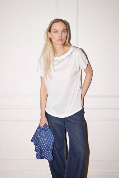 Boat Neck Stone Print Short Sleeve T-Shirt