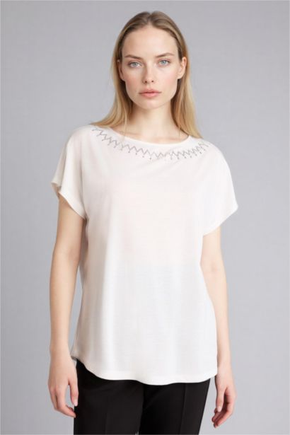 Boat Neck Stone Print Short Sleeve T-Shirt