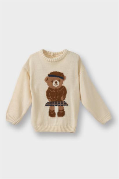 Büyük Yaka Ayı Baskılı Triko Kazak Kız Bebek