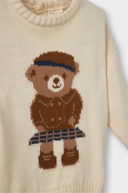 Büyük Yaka Ayı Baskılı Triko Kazak Kız Bebek