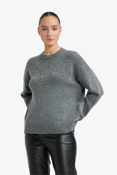 Oversize Fit Crew Neck Embroidered Knitwear Pullover