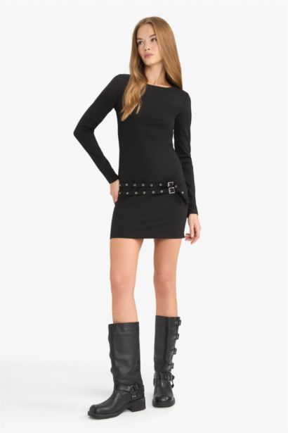 Afra x DeFacto Bodycon Vücudu Saran Bisiklet Yaka Uzun Kollu Mini Elbise