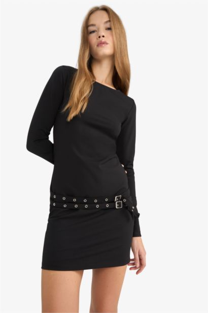 Afra x DeFacto Bodycon Vücudu Saran Bisiklet Yaka Uzun Kollu Mini Elbise