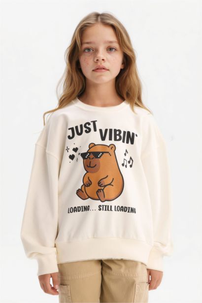 سويت شيرت بناتي قصة مريحة مطبوع