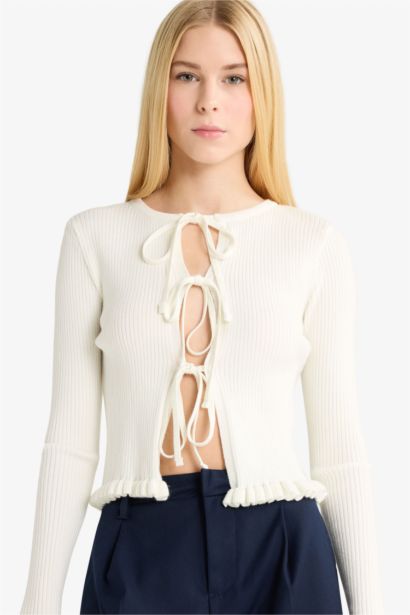 Slim Fit Crew Neck Tie Front Cardigan