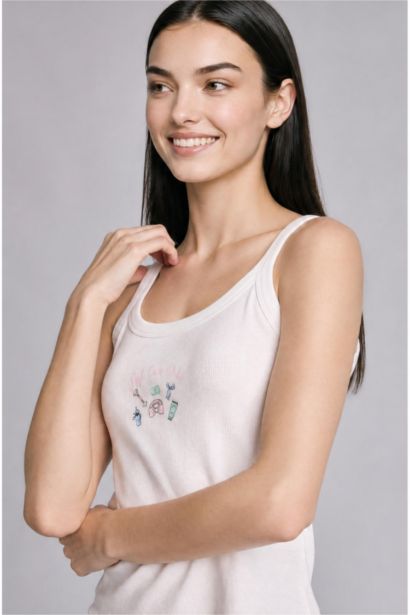 Cotton U-Neck Embroidered Ribbed Tank Top