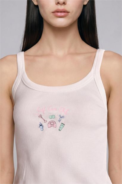 Cotton U-Neck Embroidered Ribbed Tank Top